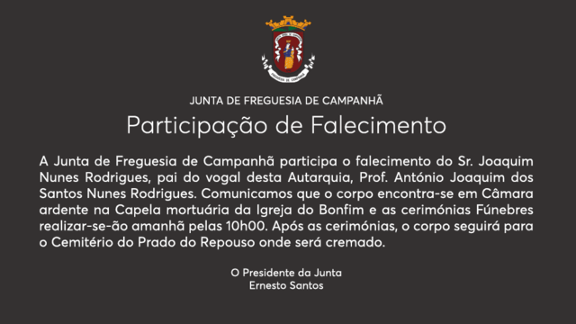 PARTICIPAÇÃO DE FALECIMENTO -  Prof. António Rodrigues PARTICIPAÇÃO DE FALECIMENTO -  Prof. António Rodrigues