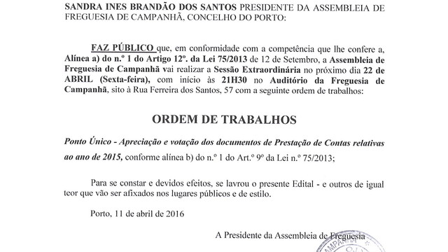 ASSEMBLEIA DE FREGUESIA EXTRAORDINÁRIA 