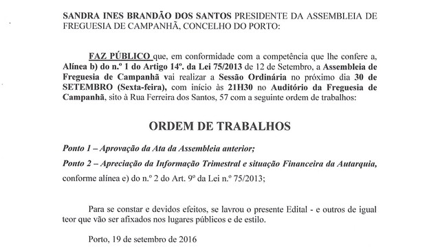 ASSEMBLEIA DE FREGUESIA DE CAMPANHÃ  ASSEMBLEIA DE FREGUESIA DE CAMPANHÃ