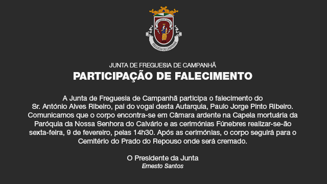 Participação de Falecimento - Sr. António Ribeiro Participação de Falecimento - Sr. António Ribeiro