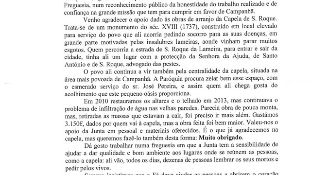 Agradecimento ao apoio dado às obras de arranjo da Capela de S. Roque Agradecimento ao apoio dado às obras de arranjo da Capela de S. Roque
