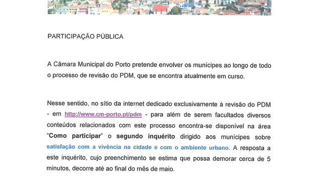  2º inquérito “Satisfação com a vivência na cidade e o ambiente urbano”