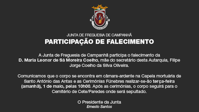 Participação de Falecimento - D. Maria Coelho Participação de Falecimento - D. Maria Coelho