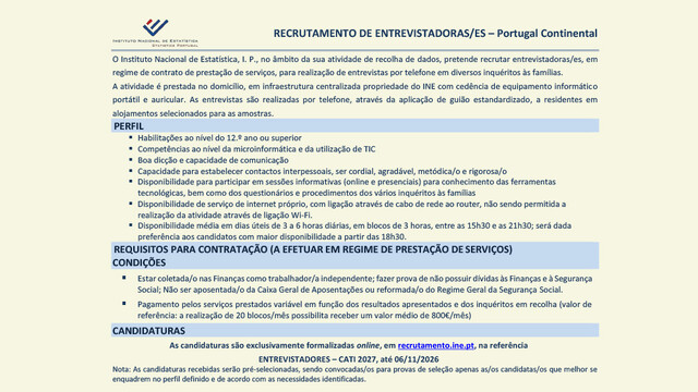 Recrutamento de Entrevistadoras/es para o Instituto Nacional de Estatística
