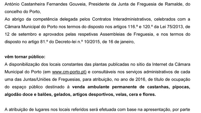 VENDA AMBULANTE DE CARÁCTER PERMENTE 2016