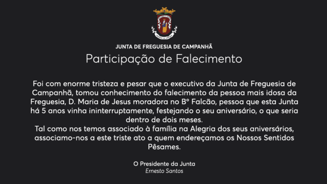 Participação de Falecimento - D. Maria de Jesus Participação de Falecimento - D. Maria de Jesus